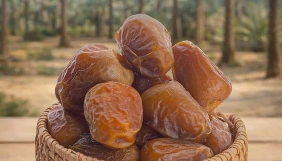 Golden sukary dates heaped in a woven basket, palm orchard behind
